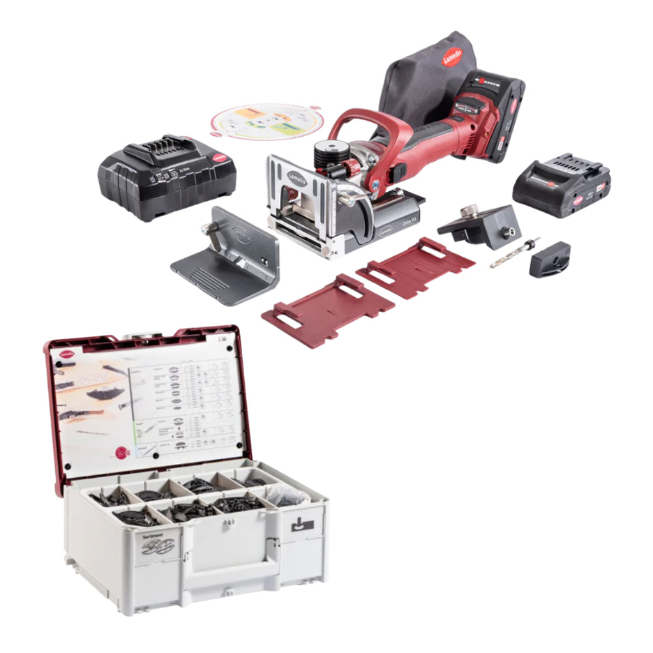 Lamello Zeta P2 Cordless Biscuit Joiner Kit with Diamond Blade and Jubilee P-System Basic Connector Assortment ZETA-18-PROMOKIT-D