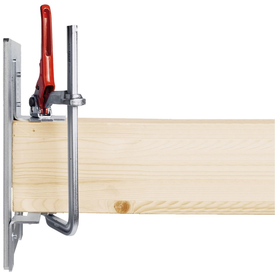 Mafell Arunda milling template secured with a clamp and a red-handled toggle clamp, ensuring stability while cutting precise joinery