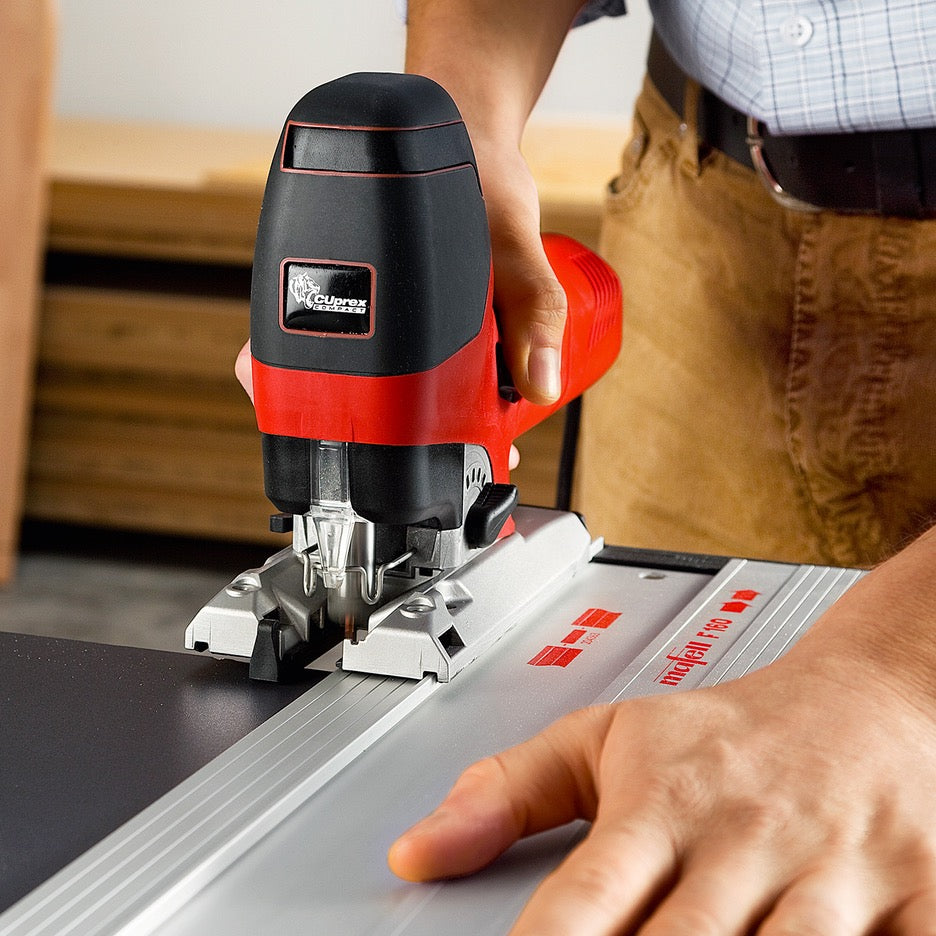 Mafell Jigsaw 120V P1 cc 917123 making straight cut on guide rail