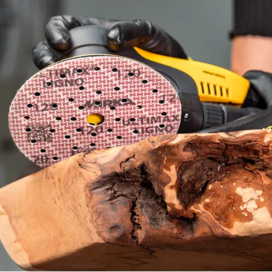 Mirka 6 Inch Ultimax Ligno Multifit Grip Disc beign used to finish wood