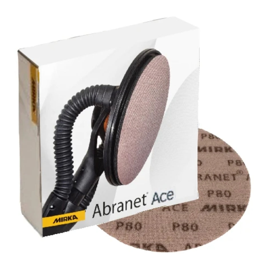 Box of Mirka Abranet Ace Mesh Abrasives with picture of sandpaper on a LEROS long-handle 9" drywall sander on top of a P80 grit Mirka Abranet Ace Mesh Abrasive Disc.