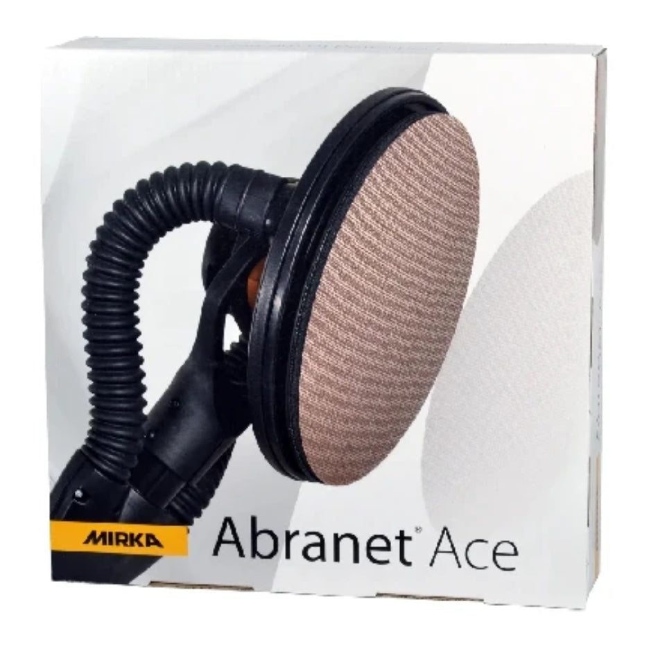 Box of Mirka Abranet Ace Mesh Abrasives with picture of sandpaper on a LEROS long-handle 9" drywall sander.