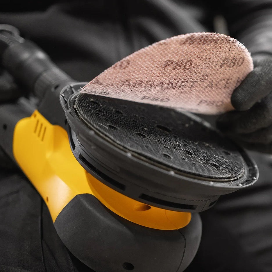 Mirka Rotary Electric Sander 6 Inch DEROS RS 600X MRS60011CAUS changing Abranet Ace mesh abrasive disc