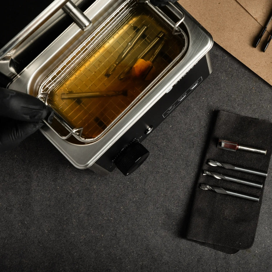 Shaper Tools Ultrasonic Router Bit Washer with bits inside and clean bits on its side