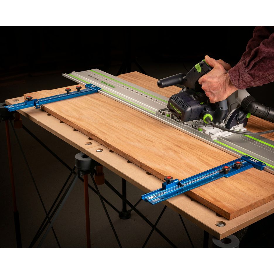 Track saw being used with guide rail, Parallel Guide System and TSO Drop-On Guide Rail Adapter