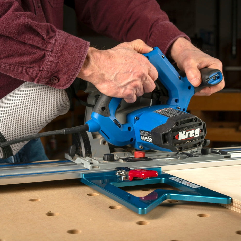 Man using Kreg Track Saw and TSO Products Guide Rail Square for Kreg Track Saws