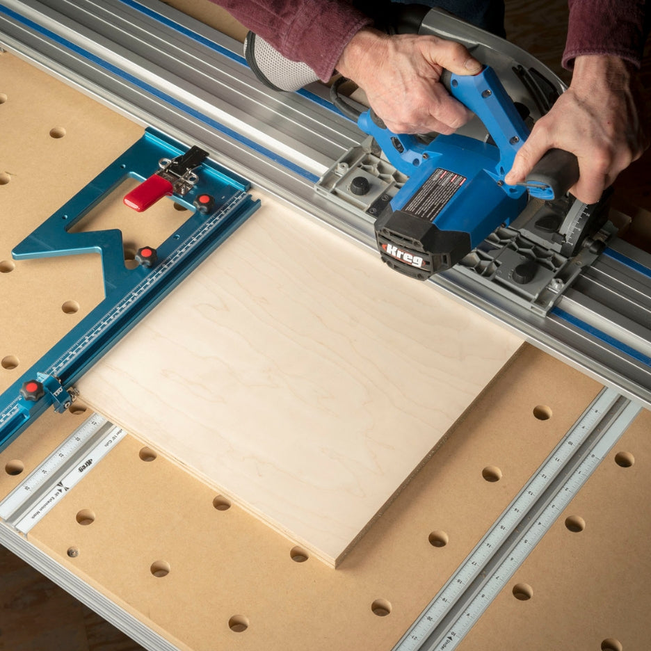 Man using Kreg Track Saw with TSO Products Guide Rail Square for Kreg and TPG Parallel Guide System.