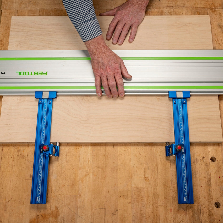 Person adjusting Festool guide rail with TSO Products Parallel Guide System Gen 2