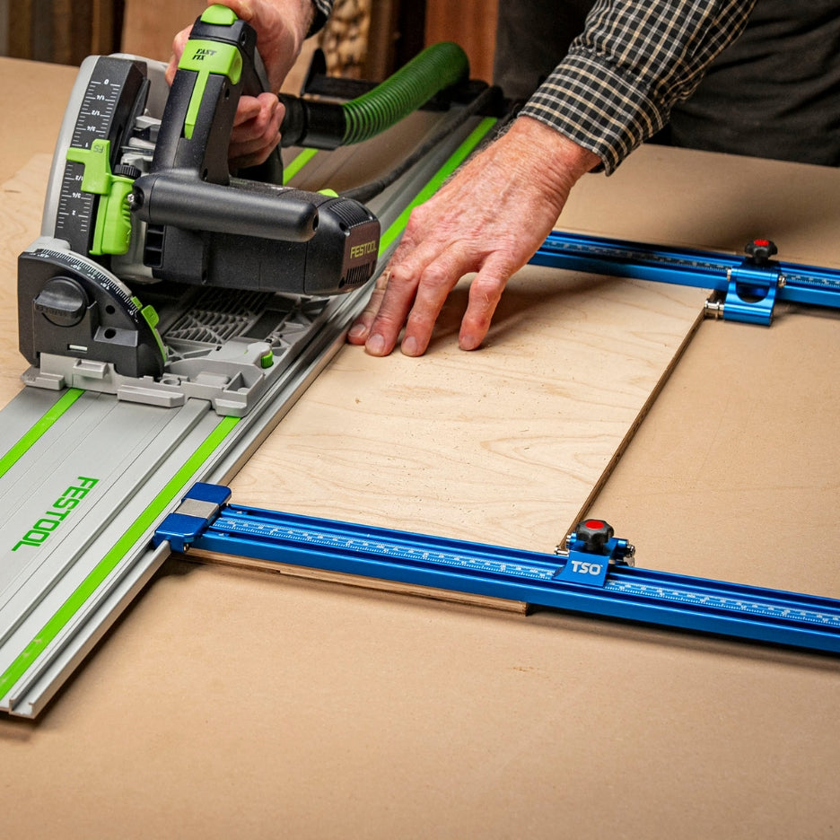 Man using Festool track saw on Festool guide rail and TSO Parallel Guide System Gen 2