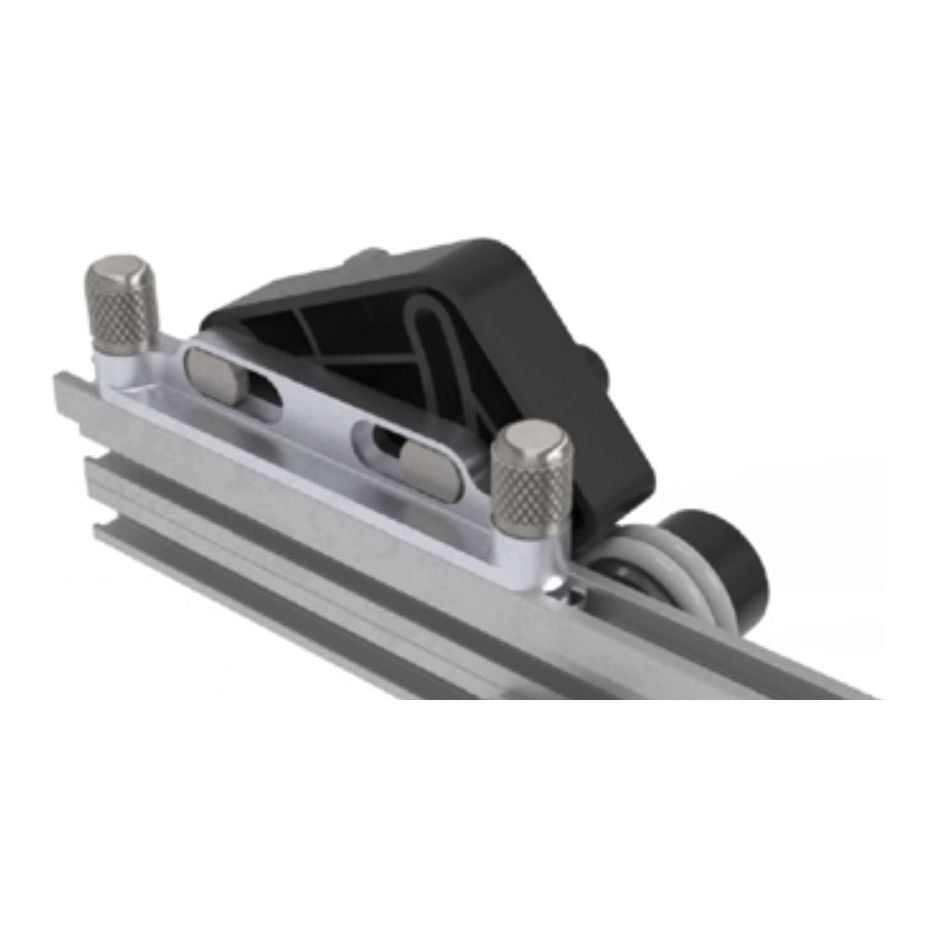 Close-up of the TSO Extended Rip Fence pressure guide assembly, highlighting the knurled adjustment knobs and roller guide mechanism.