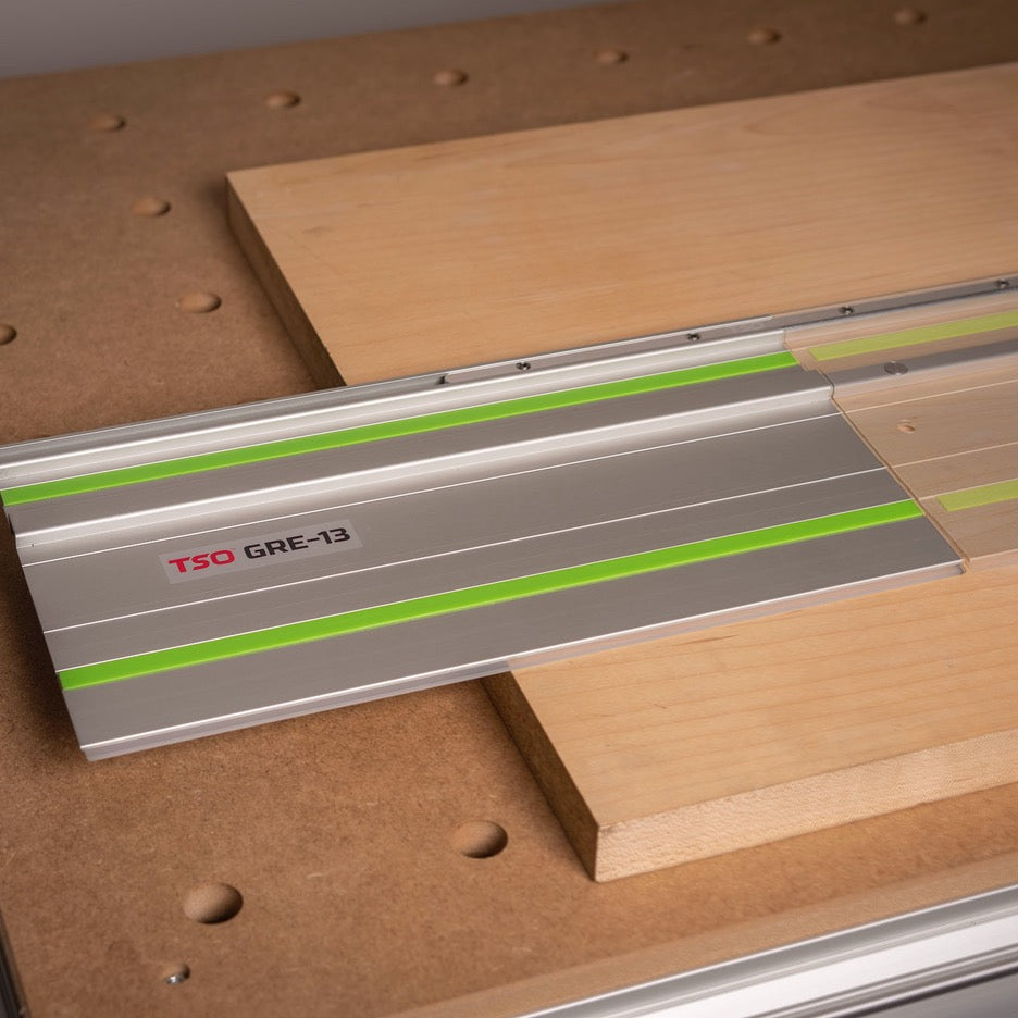 TSO Products GRE-13 Guide Rail Extension with Systainer Foam Insert 61-547 attached to a guide rail to extend past the end of the workpiece