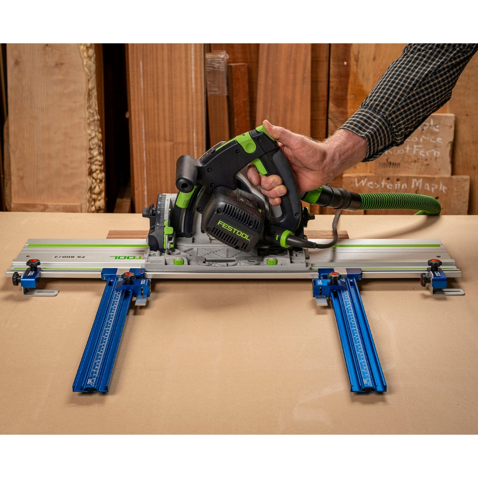 TSO Products Narrow Stock Pro for PGS shown with 20" Parallel Guide Tracks holding a Festool guide rail and track saw on top.