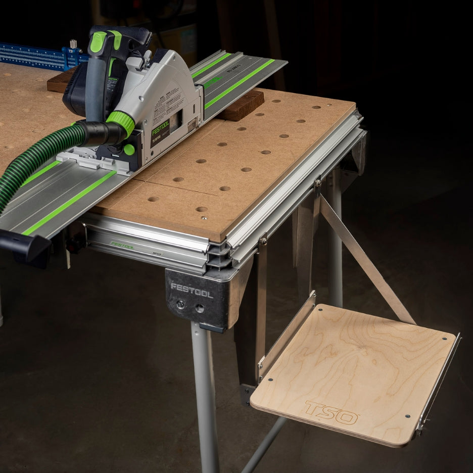 Festool track saw and guide rail on top og MFT/3 table with TSO Products Tool Shelf attached