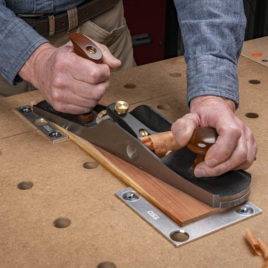 These low profile bench stops come in handy for routine woodworking operations such as planing, scraping or sanding, that often require unobstructed access to the top of your work surface.
