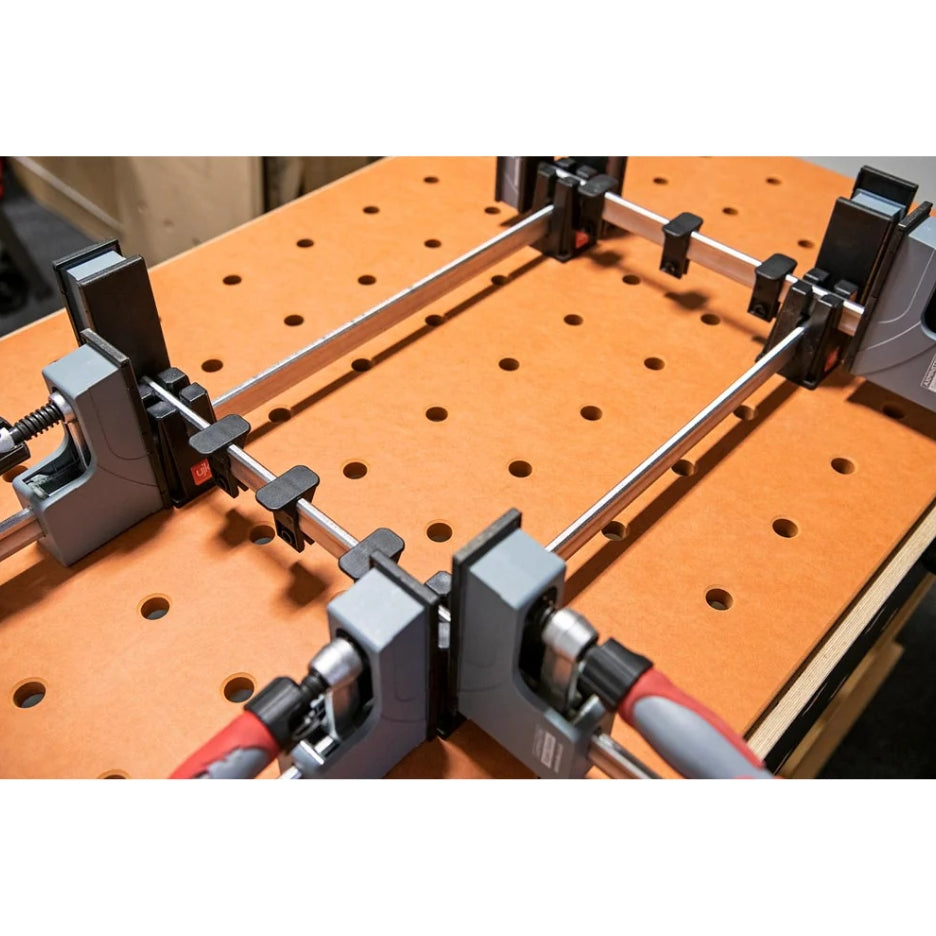Clamps on a MFT table with clamps and UJK Tools Clamp Stand on top