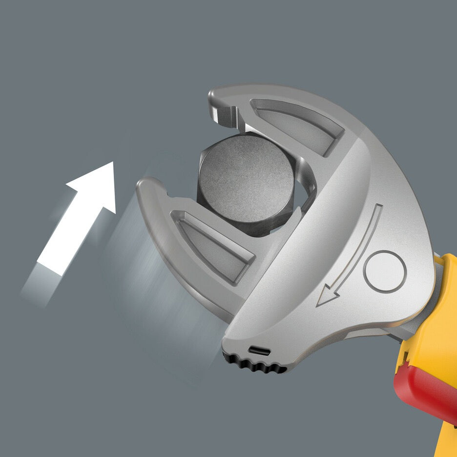 With its automatically and continuously gripping parallel jaws the Joker 6004 VDE spanner covers all dimensions within the potential operative range. The tool finds the required size by itself when attaching it to the bolt or screw.