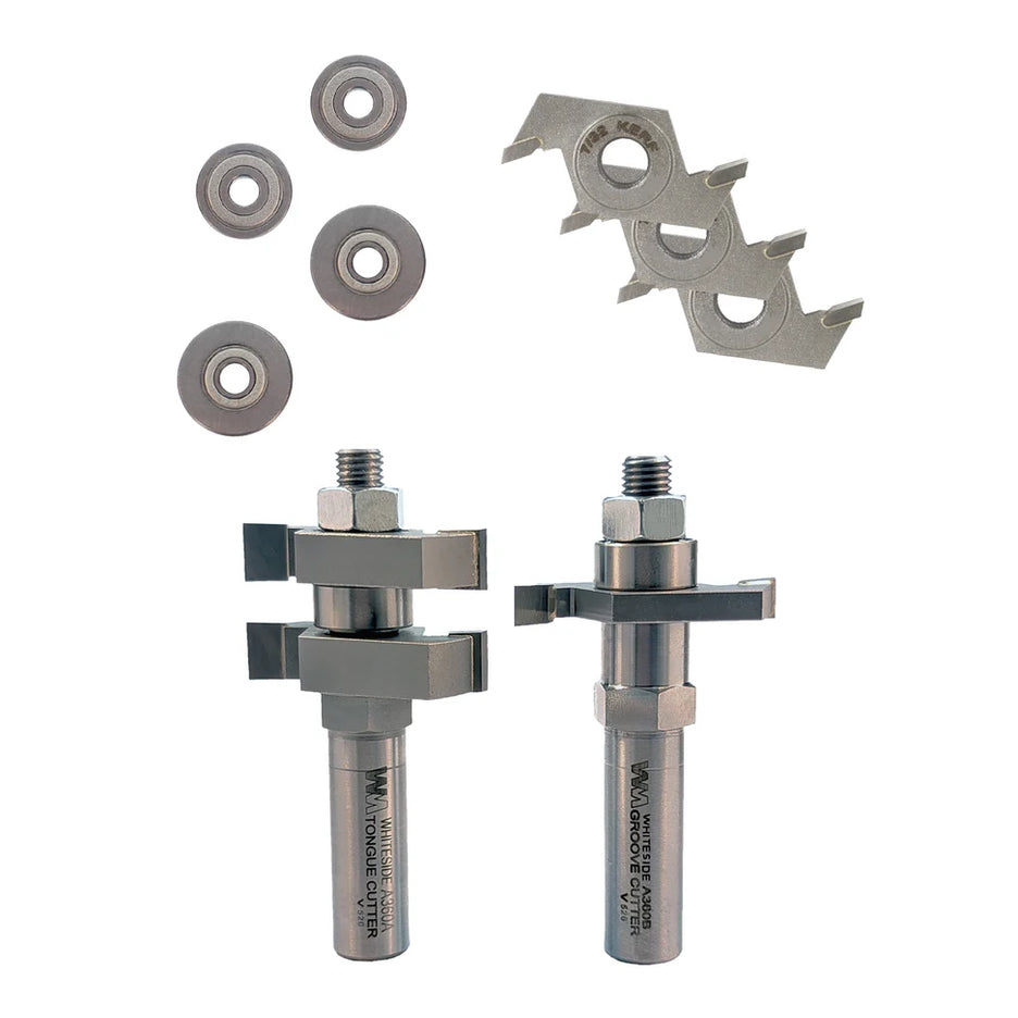 Whiteside Simpli-Switch Tongue and Groove System 360 two router bits, extra cutters and ball bearings laid out