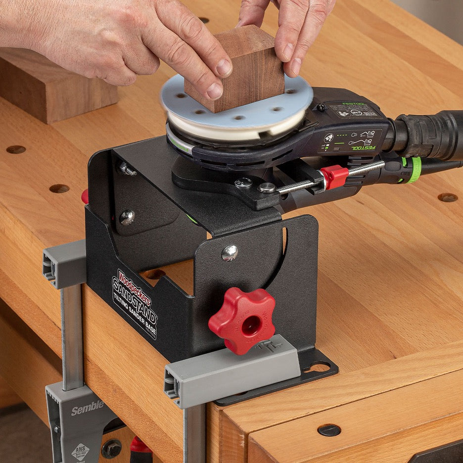 Woodpeckers SandStand Tilting Sander Base SSTAND-23 clamped to bench with sander horizontal