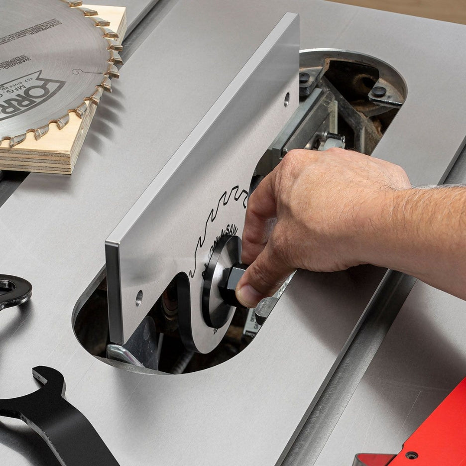 Installing Align-A-Saw Plate in place of table saw blade for alignment