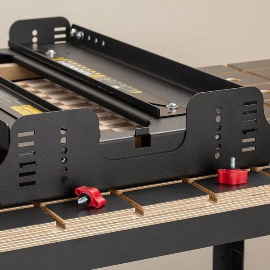 Rout-N-Plane adjusts for board thicknesses from ¾ ” to 3”. Locate by tabs, then install knobs.