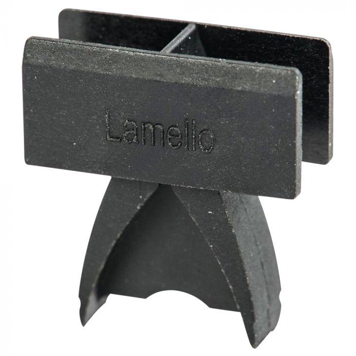 Lamello Tenso P-14 Preload Clips are made of black plastic. The shape slides over the P-14 self-clamping connectors.