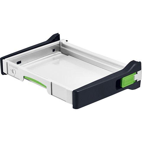 The pull-out drawer has attachment clips at the back and a green release latch to open. Holds a Systainer.