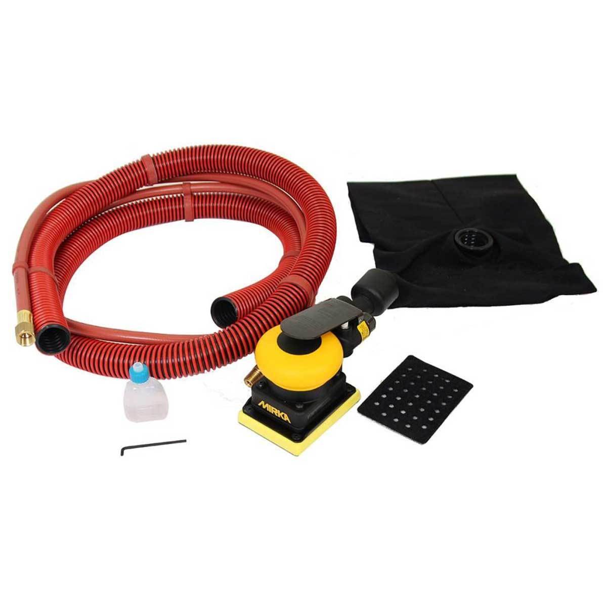 Mirka 3x4" sander includes dust extraction hose and bag, air hose, Pad saver, adapter and pneumatic tool oil. Edit alt text