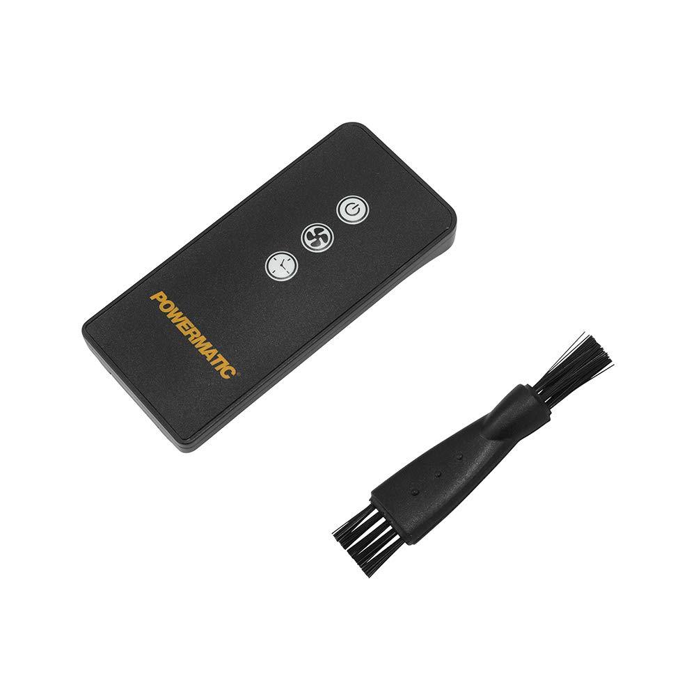 Powermatic remote control with three buttons for power, fan, and timer. Also, a double-ended brush included with the AFS