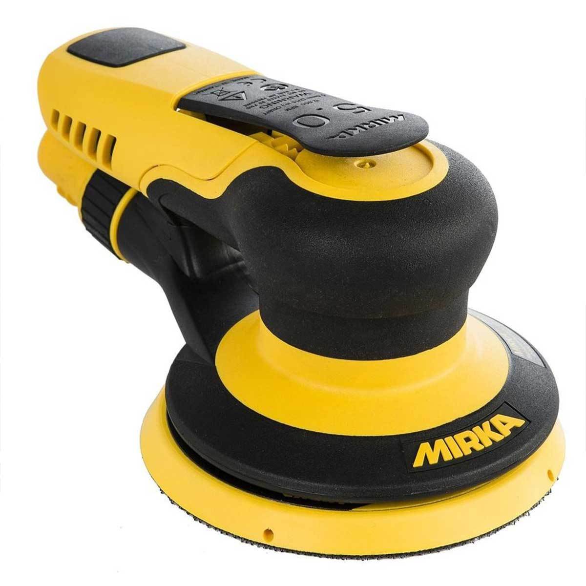 The 5" Mirka PROS pneumatic random orbit sander has an ergonomic grip with paddle switch, dust extraction port, pad brake.