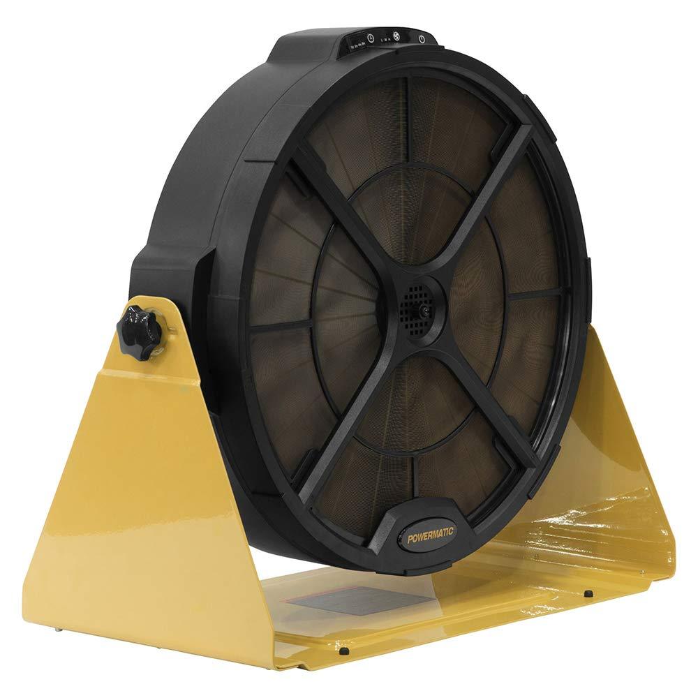 The Powermatic PM1250 fan assembly is level with the ground to pull air in and push is straight out through the filter.