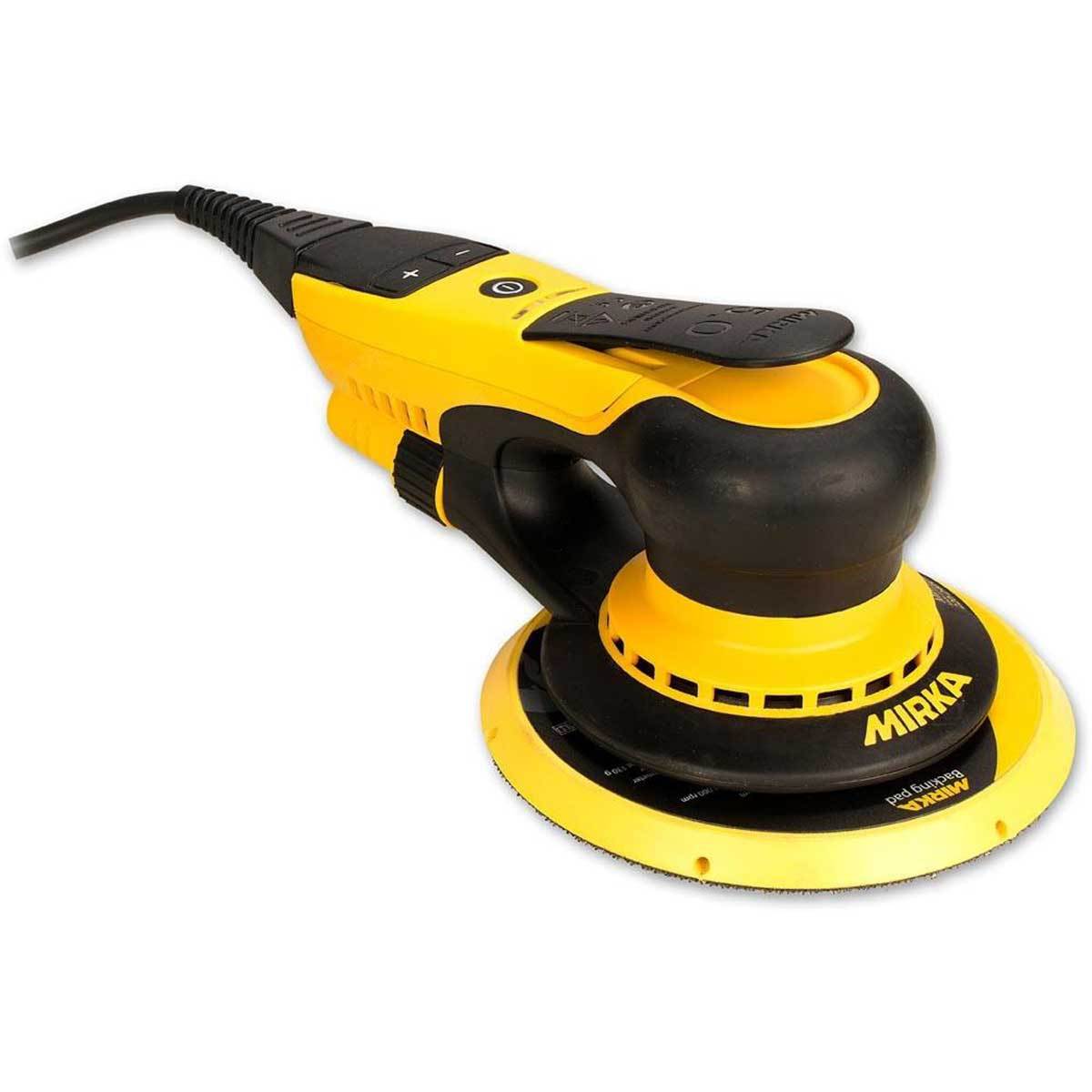 Mirka black/yellow DEROS sander has large 6" sanding pad, paddle switch, electronic speed controls, dust extraction port.