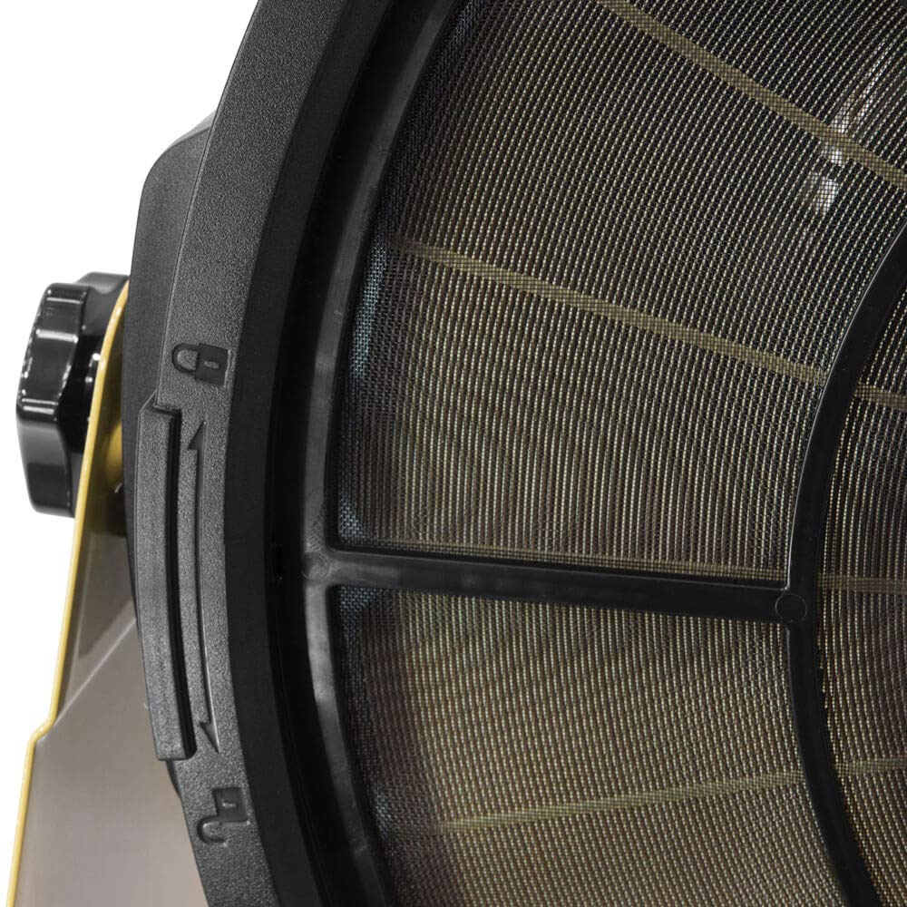 Lock and unlock symbols remind the user which way to turn the front cover to remove it to access the filter.