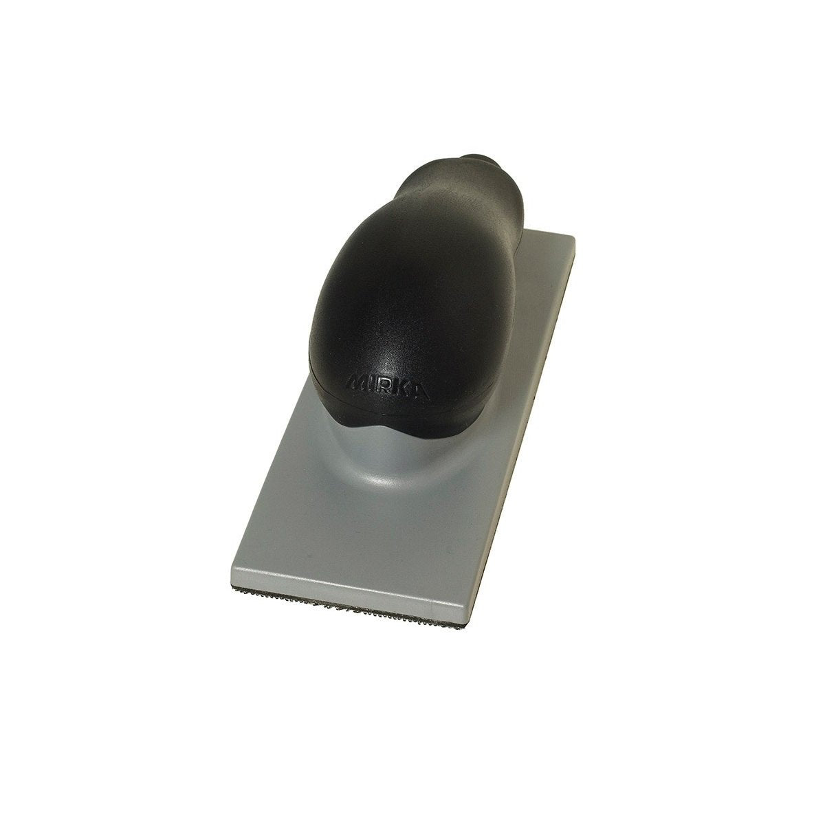 Mirka 70x198mm dust collection hand sanding block with black ergonomic grip, hook facing for loop abrasives, firm grey sole.