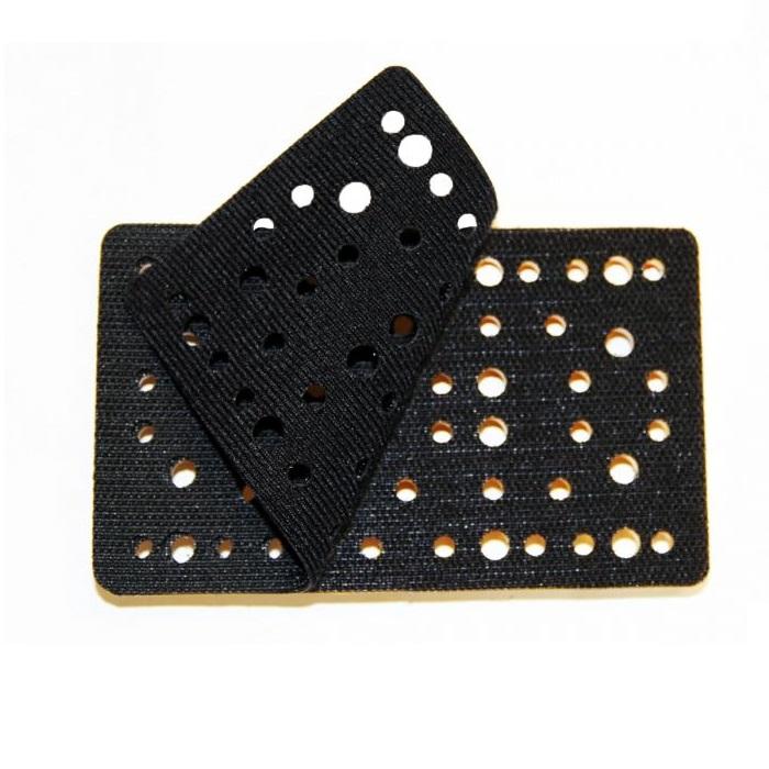 3x5" Mirka sanding backing pad for DEOS rectangle sander has holes for dust collection and Pad saver interface.