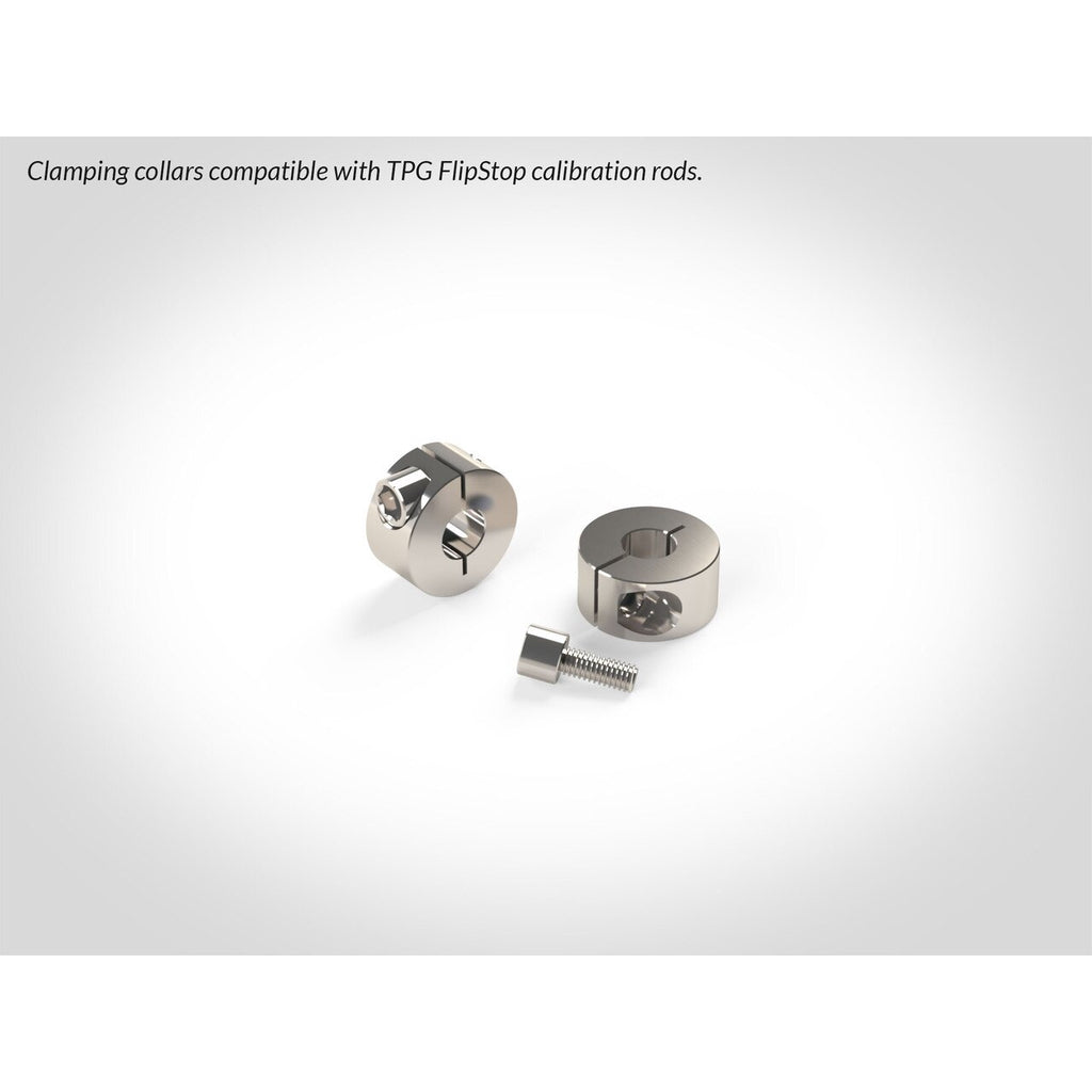 Two stainless steel TSO Products split clamping collars - one assembled and one with stainless cap screw removed.