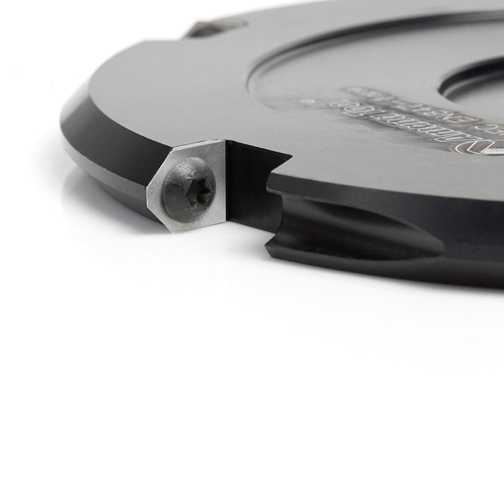 Detail of cutter with angled sides and flat bottom of Amana Tool V-scoring blade, with round head Torx screw.