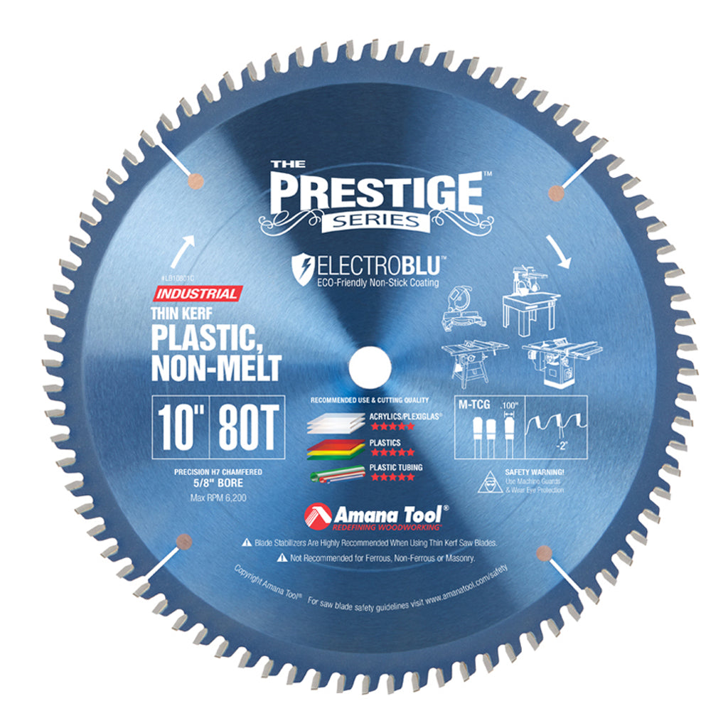 Amana Tool Electro-Blu 10" Non-Melt Carbide Tipped Blade w/ 80 M-TCG teeth. Blue coating and copper plugged expansion slots.