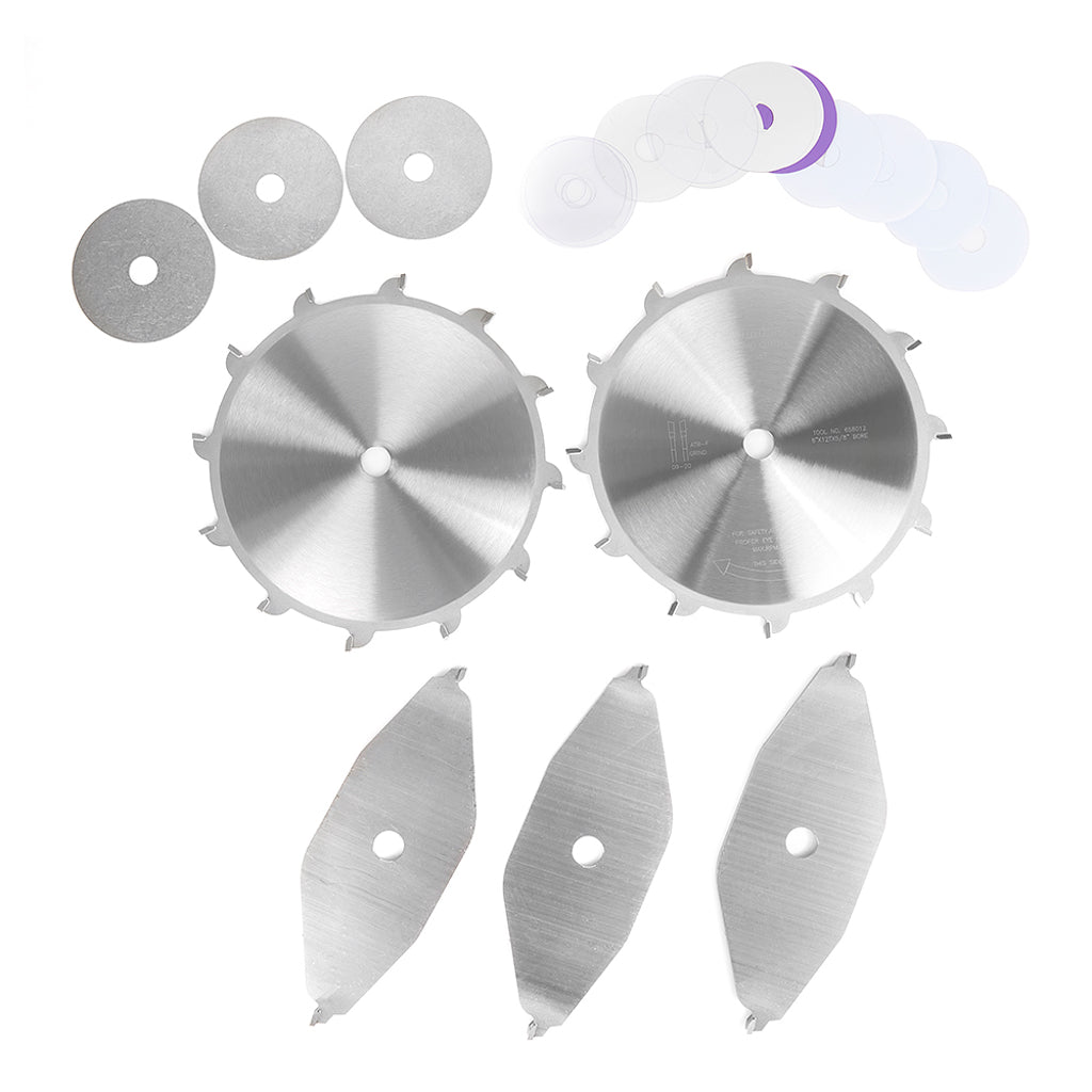 Amana Tool 8" dado set includes 2 12-tooth outside blades, 3 2-tooth chippers, and set of shims. 5/8" bore.