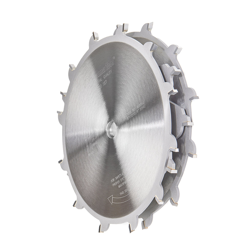 Amana Tool 8" 12 tooth dado set assembled for 13/16 inch maximum width cut. Outside blades with inside chippers.