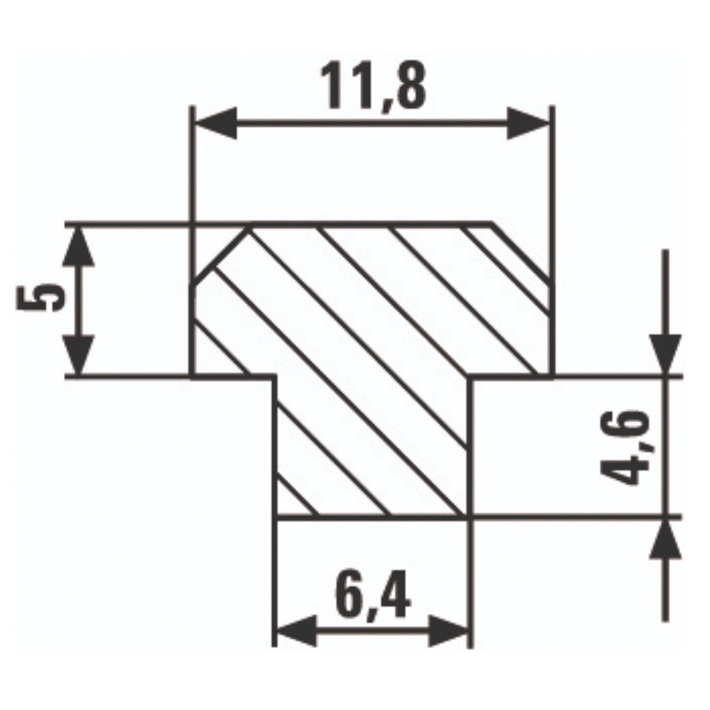 Drawing with dimensions in millimetres of the T-profile built into the head of Bessey's EZR removable clamp head.