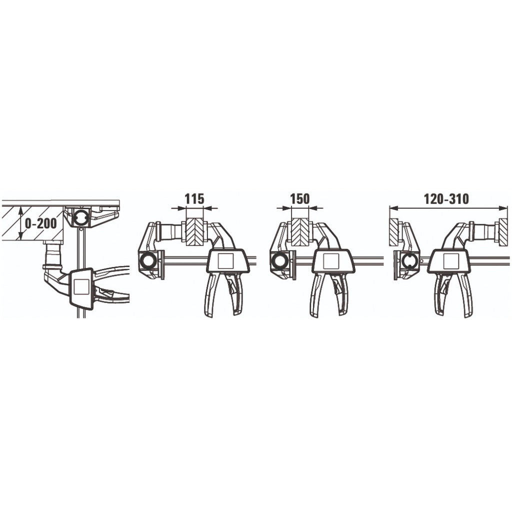 Illustration of four different configurations of Bessey's EZR Clamps with clamping capacities in millimetres.