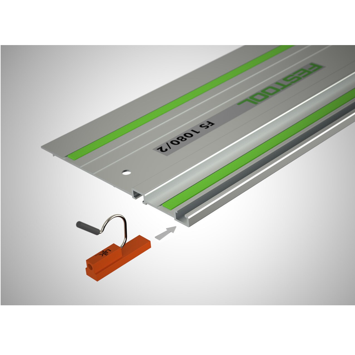 UJK Dog Rail Clips slide into the top-facing t-slot of a Festool FS Guide Rail from either end.