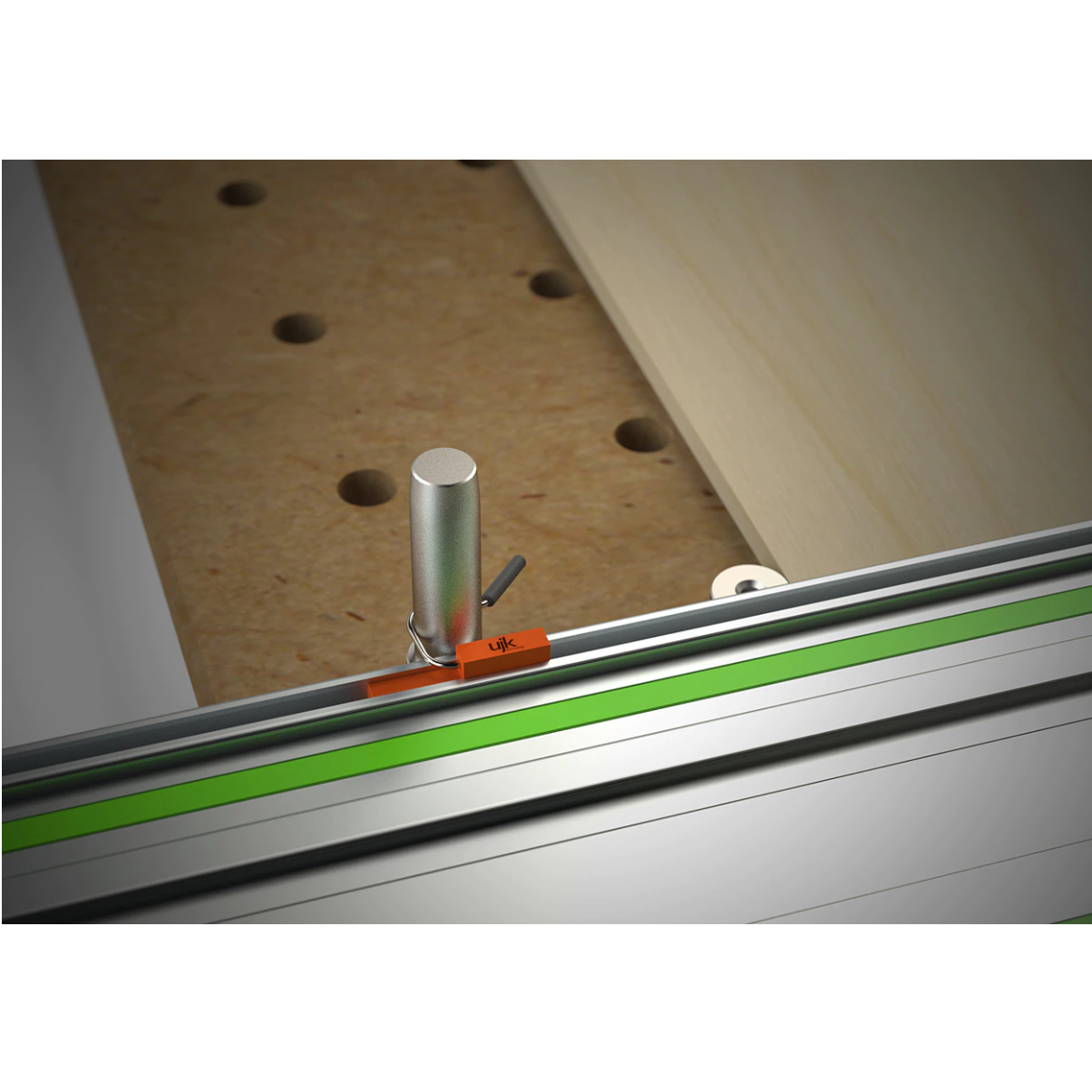 UJK Dog Rail Clips slide into the T-slot of a Festool FS Guide Rail and over a 20mm dog to hold the rail tight to the dog.