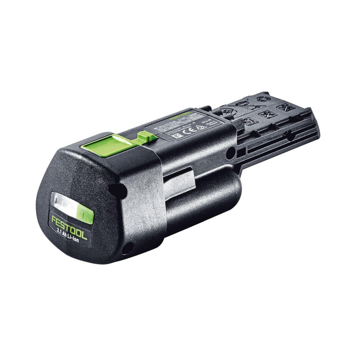 The Ergo 3.1 Ah Li-ion 18 volt battery showing charge indicator with switch, release button and lock, and shape of battery.