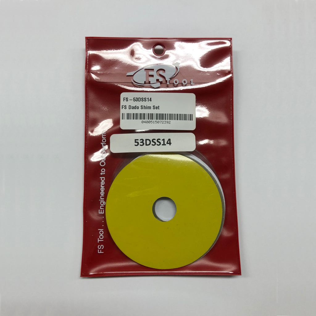 Plastic package of 12 FS Tool dado shims, four thicknesses colour coded for easy identification.