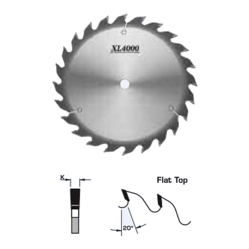 FS Tool rip blade saw blade & drawing indicating flat top tooth and 20 degree rake.