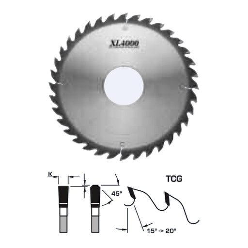 FS Tool Glue Line Rip Circular Saw Blade & drawing indicating kerf, TCG tooth with 45 degree bevels, 15-20 degree rake.