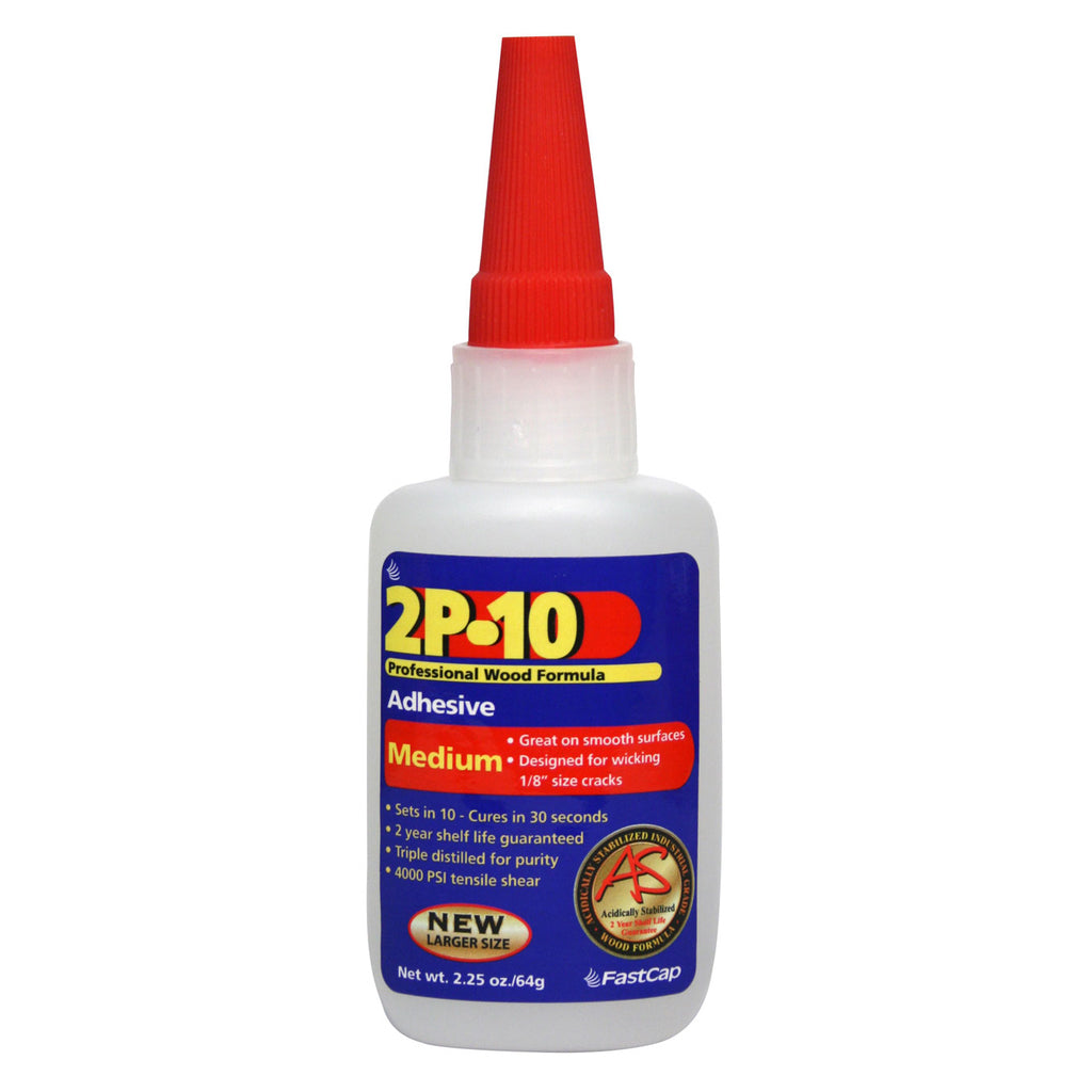 Plastic bottle of 2P-10 Medium Adhesive with red screw cap. 10 second set time and 30 second cure time.  Edit alt text