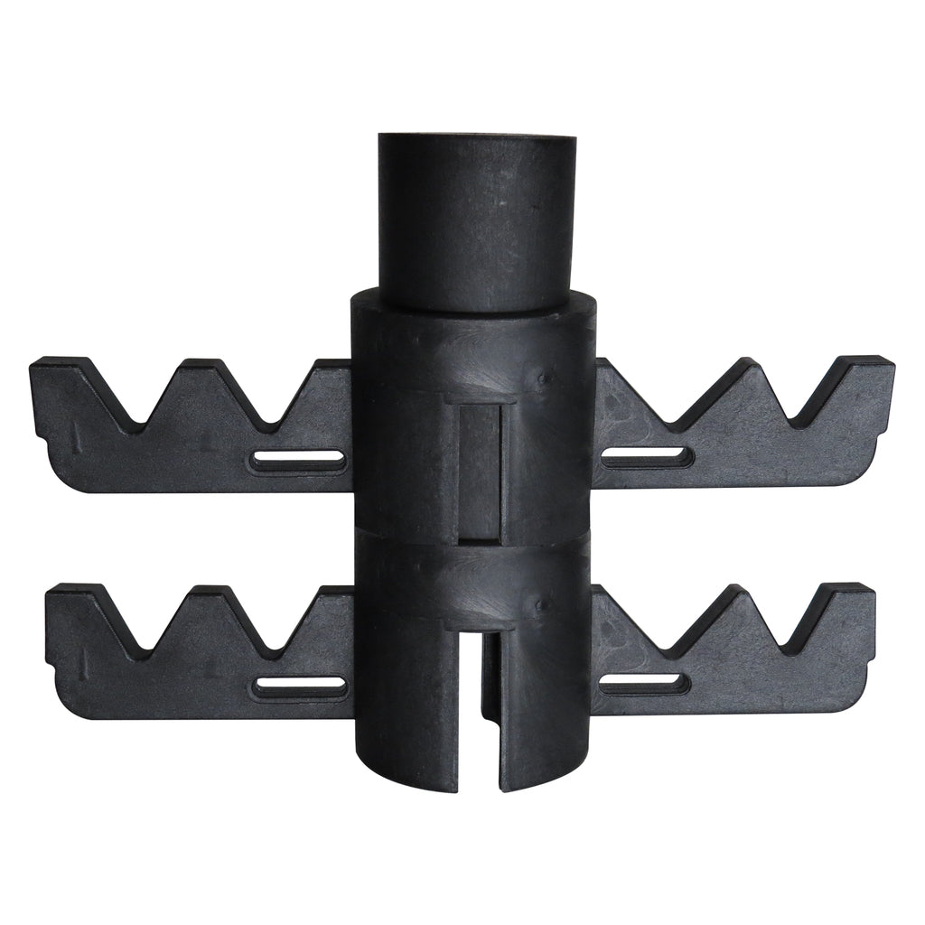 Two FastCap 3rd Hand Cord Holders stacked. V-notches in the arms hold cables, and slots allow other attachment options.