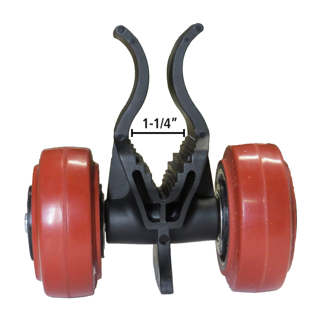 The clip expands to hold material up to 1-1/4 inches thick. Large polyurethane wheels make maneuvering easy.
